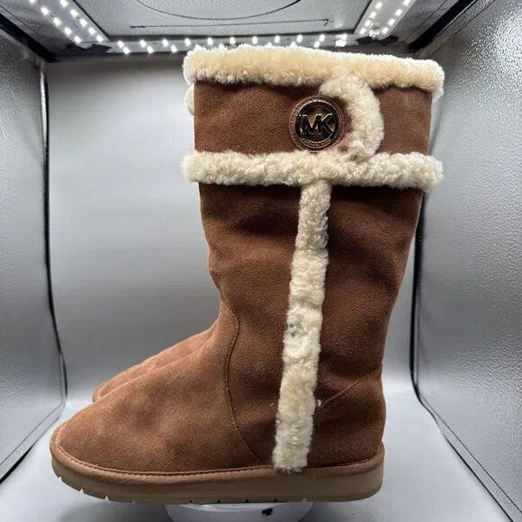 Michael Kors Boots Women 10 M Suede Leather Sheep Fur Lined Tall Winter Logo