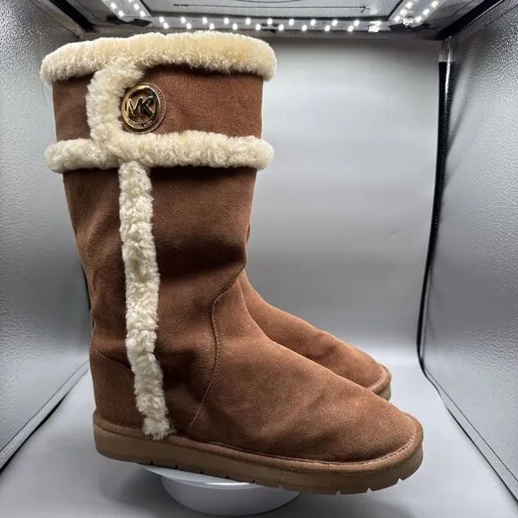 Michael Kors Boots Women 10 M Suede Leather Sheep Fur Lined Tall Winter Logo