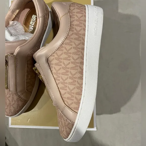 Michael Kors Keaton Zip Slip On Pink Sneakers with Gold Accents