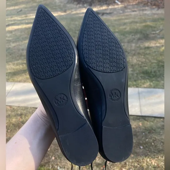 Michael Kors Thalia Black Leather Pointed Toe Ballet Flats Lace Up Floral Flats