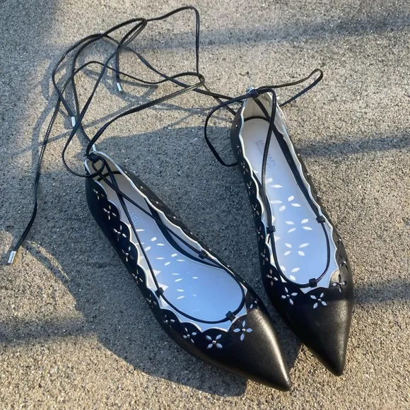 Michael Kors Thalia Black Leather Pointed Toe Ballet Flats Lace Up Floral Flats