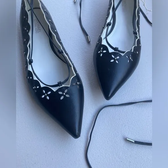 Michael Kors Thalia Black Leather Pointed Toe Ballet Flats Lace Up Floral Flats