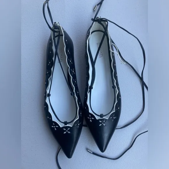 Michael Kors Thalia Black Leather Pointed Toe Ballet Flats Lace Up Floral Flats