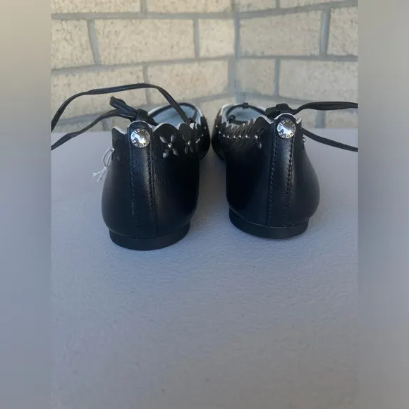 Michael Kors Thalia Black Leather Pointed Toe Ballet Flats Lace Up Floral Flats