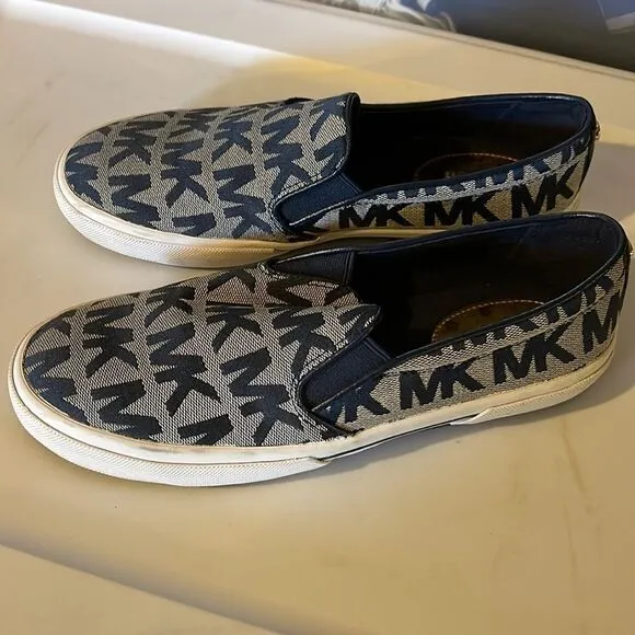 Michael Michael Kors Keaton Slip On Signature Logo Sneakers Navy Blue White 6.5