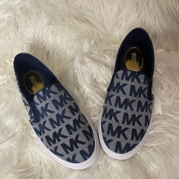 Michael Michael Kors Keaton Slip On Signature Logo Sneakers Navy Blue White 6.5