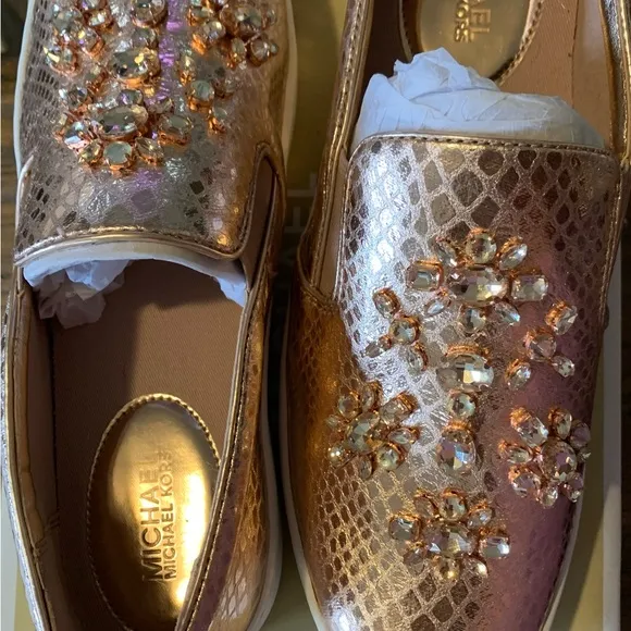 MICHAEL MICHAEL KORSKeaton Embellished Metallic Leather Slip-On Sneaker New sz9