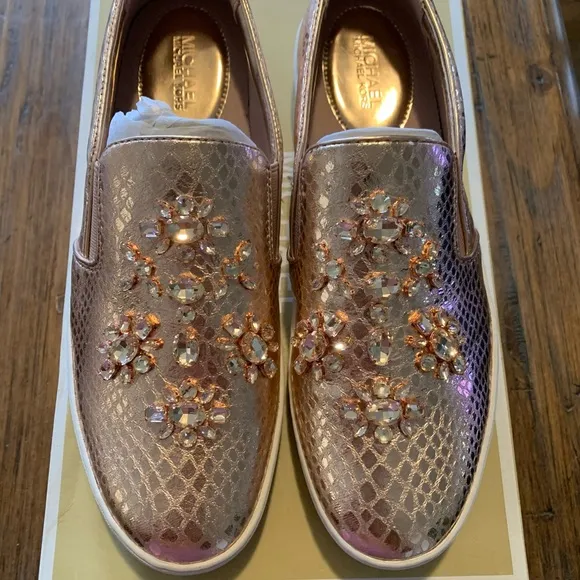 MICHAEL MICHAEL KORSKeaton Embellished Metallic Leather Slip-On Sneaker New sz9