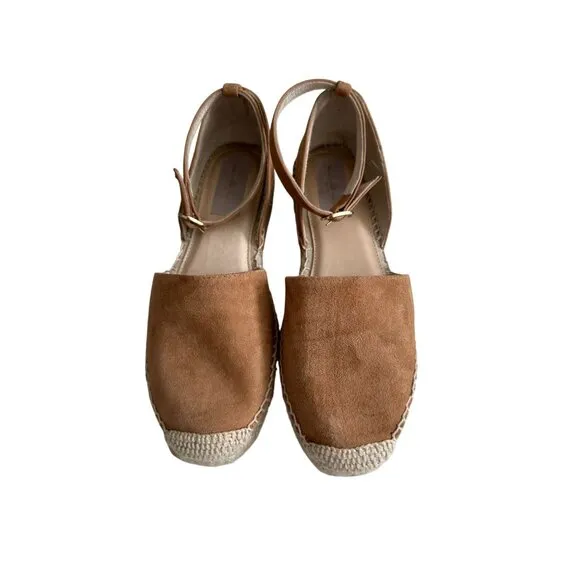 MICHELE LOPRIORE Tan Suede Espadrille Ankle Strap Flats Size 38