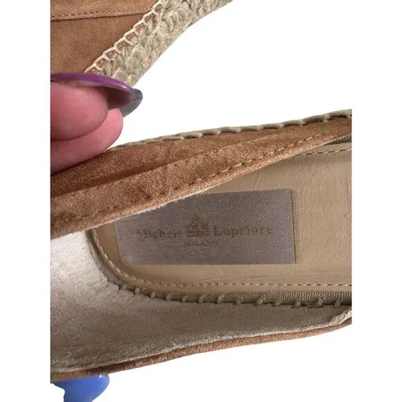 MICHELE LOPRIORE Tan Suede Espadrille Ankle Strap Flats Size 38