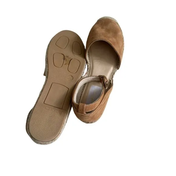MICHELE LOPRIORE Tan Suede Espadrille Ankle Strap Flats Size 38