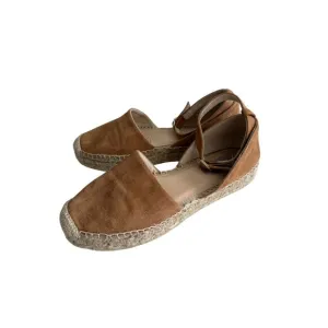 MICHELE LOPRIORE Tan Suede Espadrille Ankle Strap Flats Size 38