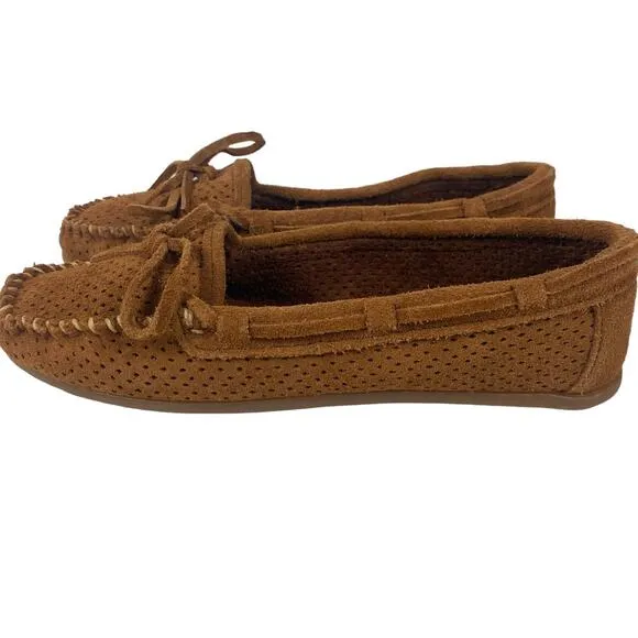 MINNETONKA Suede Lisa Moccasins Flats Loafers Perforated Chestnut Brown Womens 8