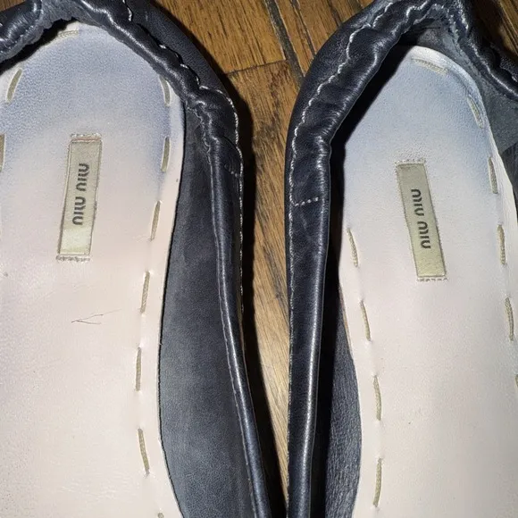 Miu Miu Black Leather Ballet Flats Rhinestones Gold Beads Size EU 38.5/8
