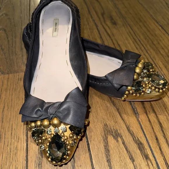 Miu Miu Black Leather Ballet Flats Rhinestones Gold Beads Size EU 38.5/8