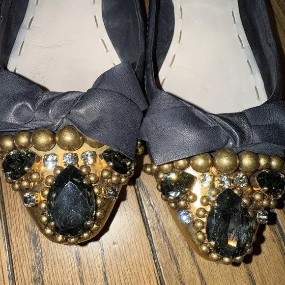 Miu Miu Black Leather Ballet Flats Rhinestones Gold Beads Size EU 38.5/8