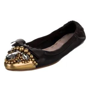 Miu Miu Black Leather Ballet Flats Rhinestones Gold Beads Size EU 38.5/8