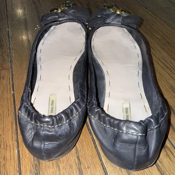 Miu Miu Black Leather Ballet Flats Rhinestones Gold Beads Size EU 38.5/8