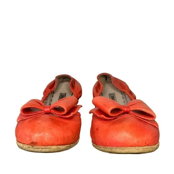Miu Miu By Prada Ballet Flats Ballerina Shoes 37 Orange Scrunch Bow Loafers