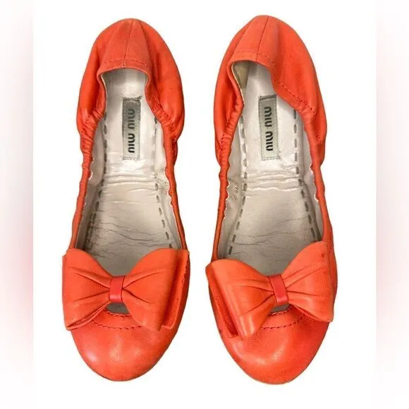 Miu Miu By Prada Ballet Flats Ballerina Shoes 37 Orange Scrunch Bow Loafers