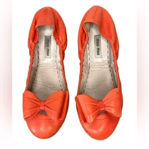 Miu Miu By Prada Ballet Flats Ballerina Shoes 37 Orange Scrunch Bow Loafers