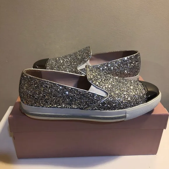 Miu Miu by Prada Silver Glitter Slip on sneakers in box