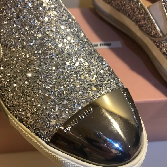 Miu Miu by Prada Silver Glitter Slip on sneakers in box