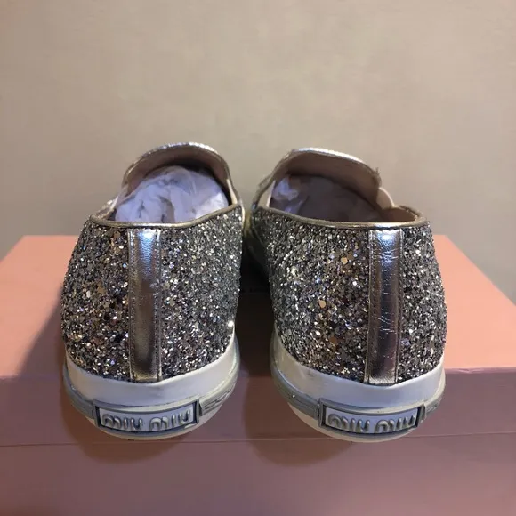 Miu Miu by Prada Silver Glitter Slip on sneakers in box