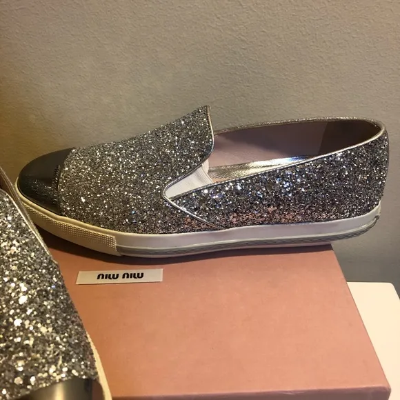 Miu Miu by Prada Silver Glitter Slip on sneakers in box