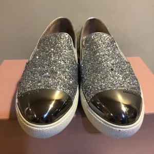 Miu Miu by Prada Silver Glitter Slip on sneakers in box