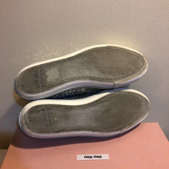 Miu Miu by Prada Silver Glitter Slip on sneakers in box