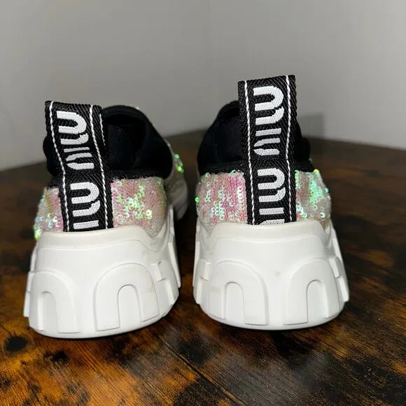 Miu Miu Pink Sequin Neoprene Slip On Sneakers Size 38