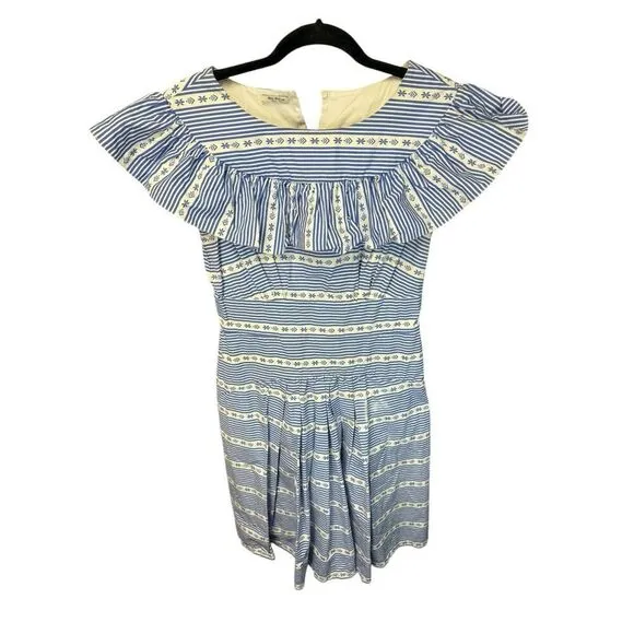 Miu Miu Blue Striped Ruffle Cotton Dress IT 42 / US 6 Off-Shoulder Boho Chic