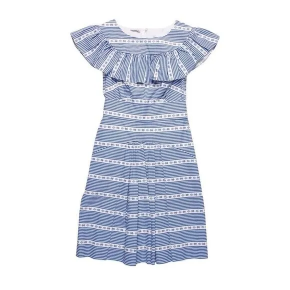 Miu Miu Blue Striped Ruffle Cotton Dress IT 42 / US 6 Off-Shoulder Boho Chic