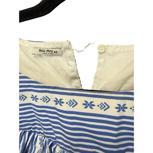 Miu Miu Blue Striped Ruffle Cotton Dress IT 42 / US 6 Off-Shoulder Boho Chic