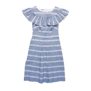 Miu Miu Blue Striped Ruffle Cotton Dress IT 42 / US 6 Off-Shoulder Boho Chic