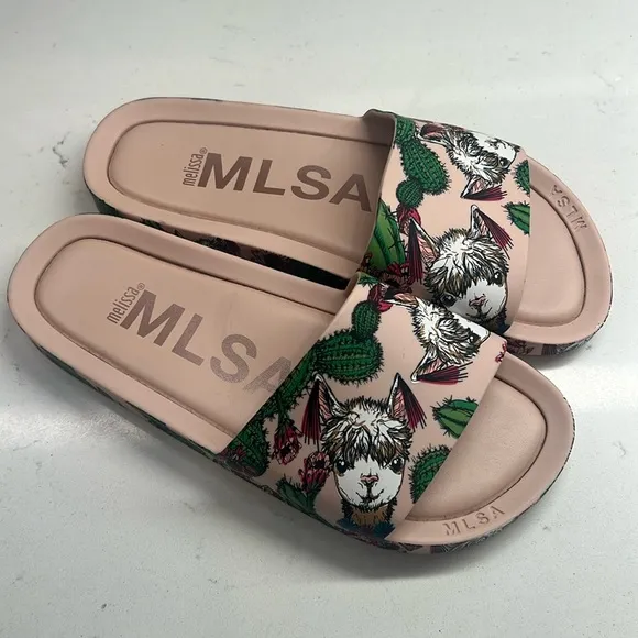 MLSA Melissa Beach Slides Pink Peony Green Cactus Llama Women’s Size 7