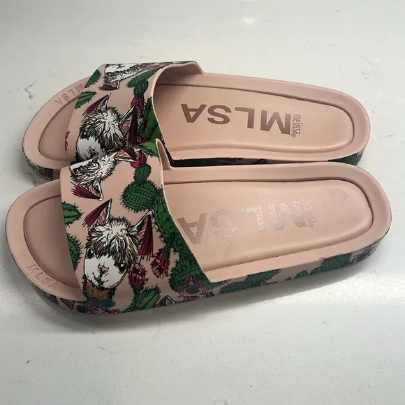 MLSA Melissa Beach Slides Pink Peony Green Cactus Llama Women’s Size 7