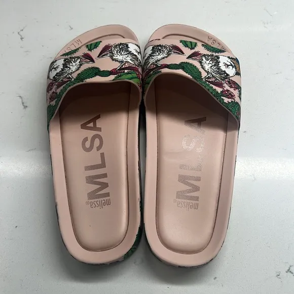 MLSA Melissa Beach Slides Pink Peony Green Cactus Llama Women’s Size 7