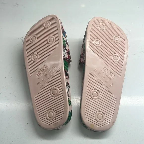 MLSA Melissa Beach Slides Pink Peony Green Cactus Llama Women’s Size 7
