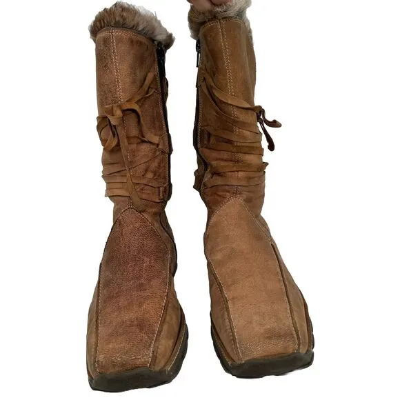 Mod Brev Women’s 39 Boot Genuine Italian Leather Fur Lined Long Square Toed Y2K