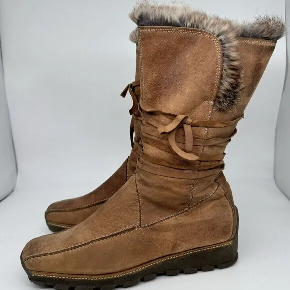 Mod Brev Women’s 39 Boot Genuine Italian Leather Fur Lined Long Square Toed Y2K