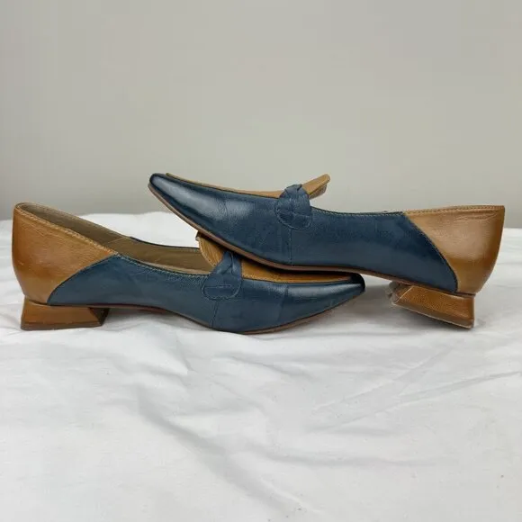 Mona Flying Womens Leather Penny Loafers Blue/Brown Square Heeled Slip Ons Sz 10