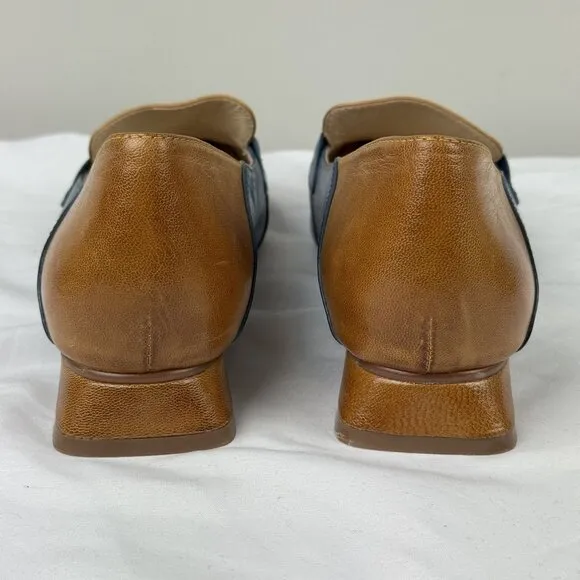 Mona Flying Womens Leather Penny Loafers Blue/Brown Square Heeled Slip Ons Sz 10
