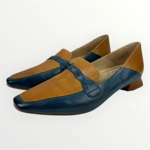 Mona Flying Womens Leather Penny Loafers Blue/Brown Square Heeled Slip Ons Sz 10