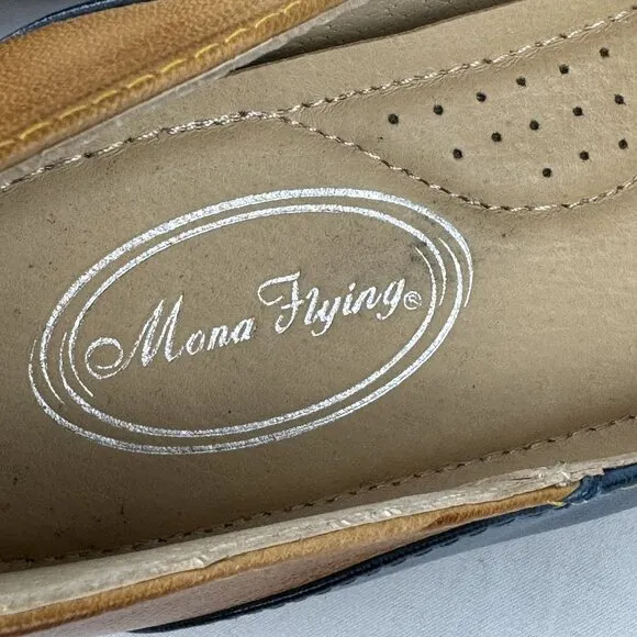 Mona Flying Womens Leather Penny Loafers Blue/Brown Square Heeled Slip Ons Sz 10