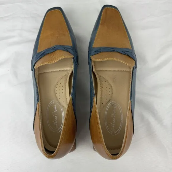 Mona Flying Womens Leather Penny Loafers Blue/Brown Square Heeled Slip Ons Sz 10