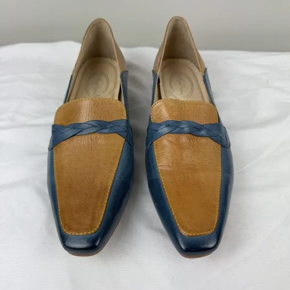 Mona Flying Womens Leather Penny Loafers Blue/Brown Square Heeled Slip Ons Sz 10