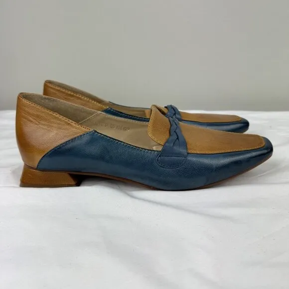 Mona Flying Womens Leather Penny Loafers Blue/Brown Square Heeled Slip Ons Sz 10