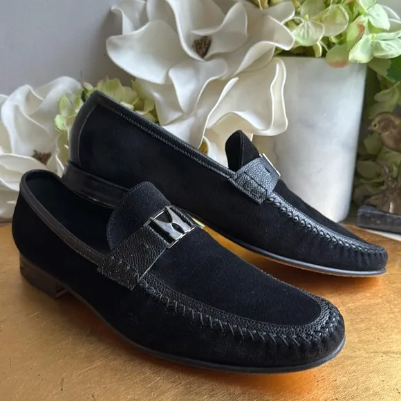 Moreschi Loafers in Black Suede and Pebbled Leather